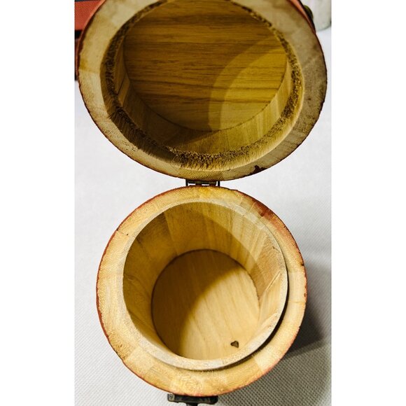 Antique-Style Wooden Barrel Tea Box Brass Handle & Clasp Rustic Brown Finish - Picture 3 of 6